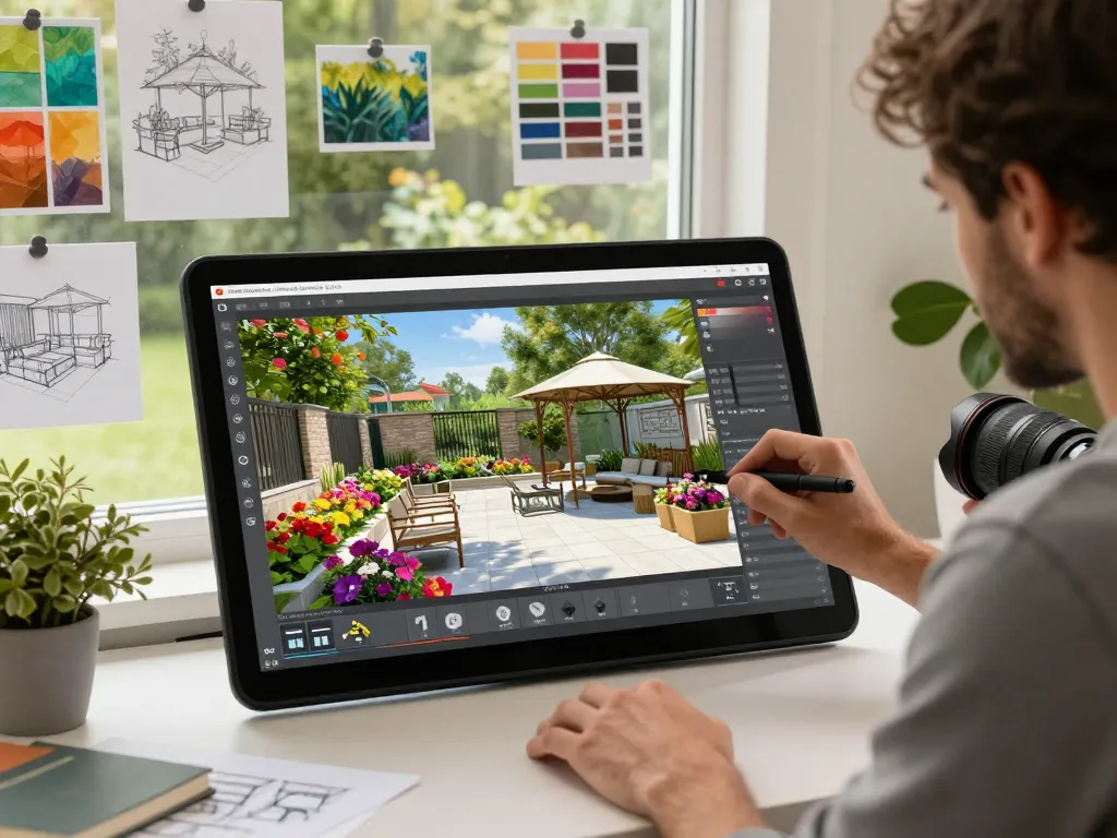Interactive configuratore 3D outdoor tool in use, showcasing customizable patio designs with vibrant landscaping.