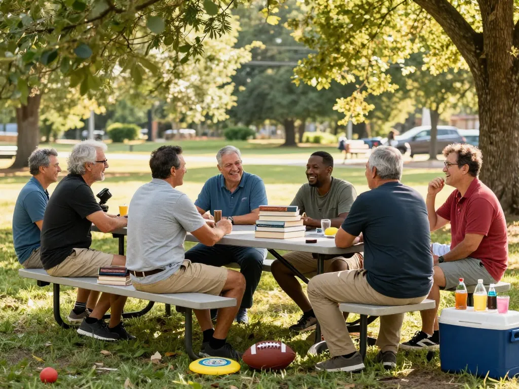 Community gathering of men at a man club sharing stories and laughter in a sunny park.