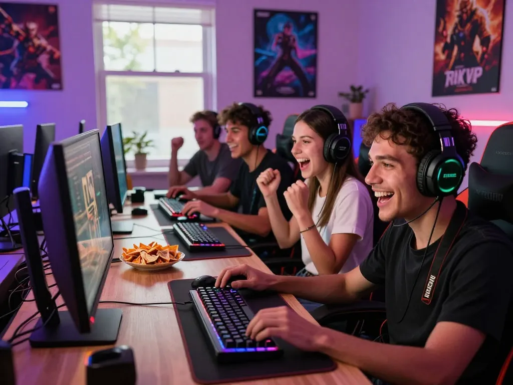 Friends enjoying a game of rik vip in a lively gaming room atmosphere.