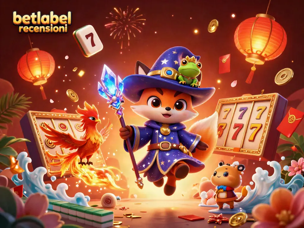 Betlabel recensioni presents a thrilling scene with a magical fox and phoenix surrounded by casino elements.