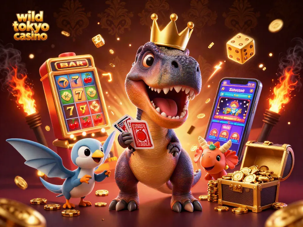 Spin and win at wild tokyo casino with vibrant cartoon characters and dynamic casino elements.