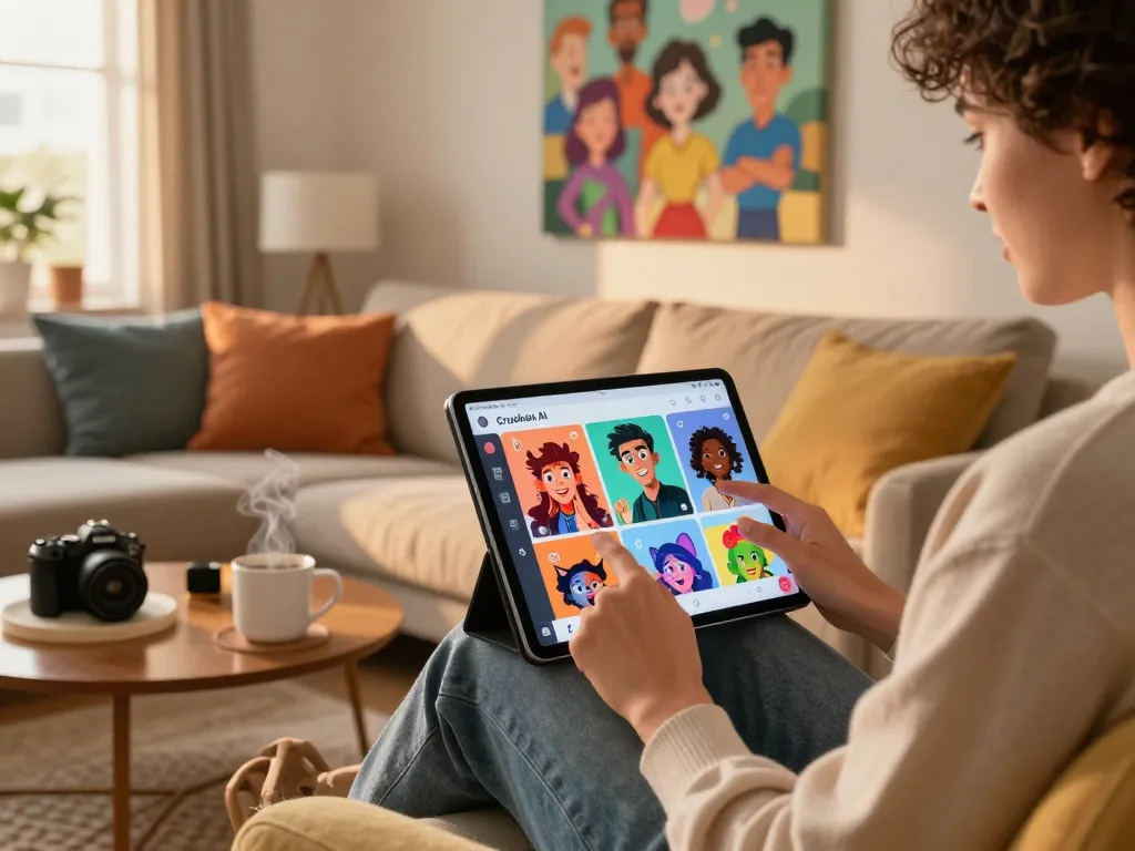 User engaging with Crushon AI on tablet, enjoying vibrant character chat in cozy living room