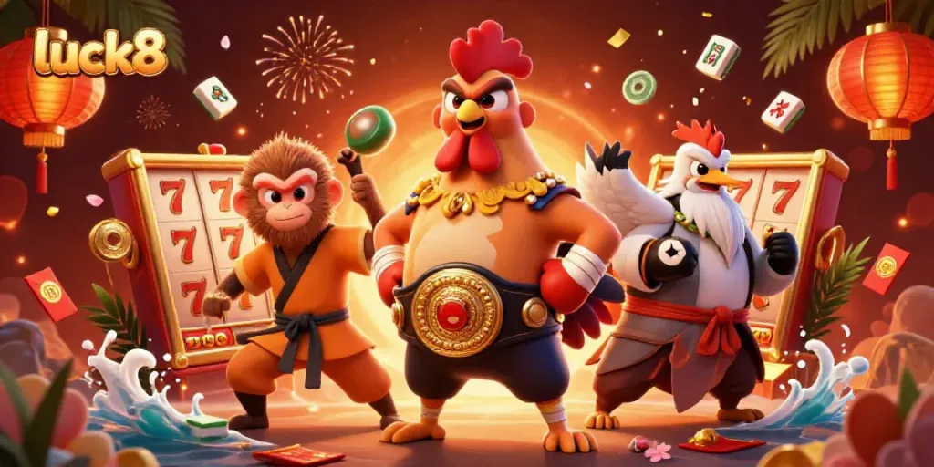 Engage with luck8's thrilling slot adventure featuring Muay Thai rooster and Shaolin monkey in a vibrant casino atmosphere.
