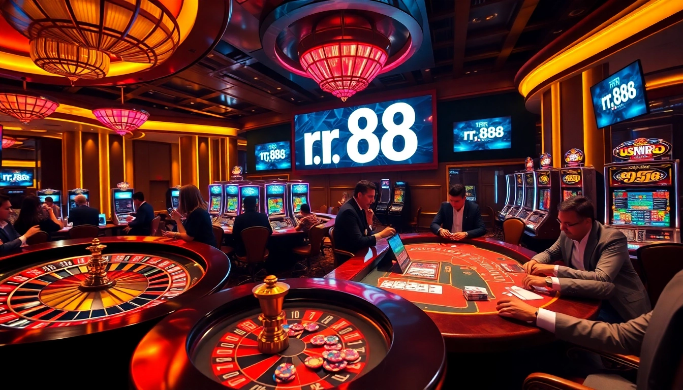 Exciting casino gaming scene showcasing rr 88 with roulette wheels, poker tables, and vibrant chips.