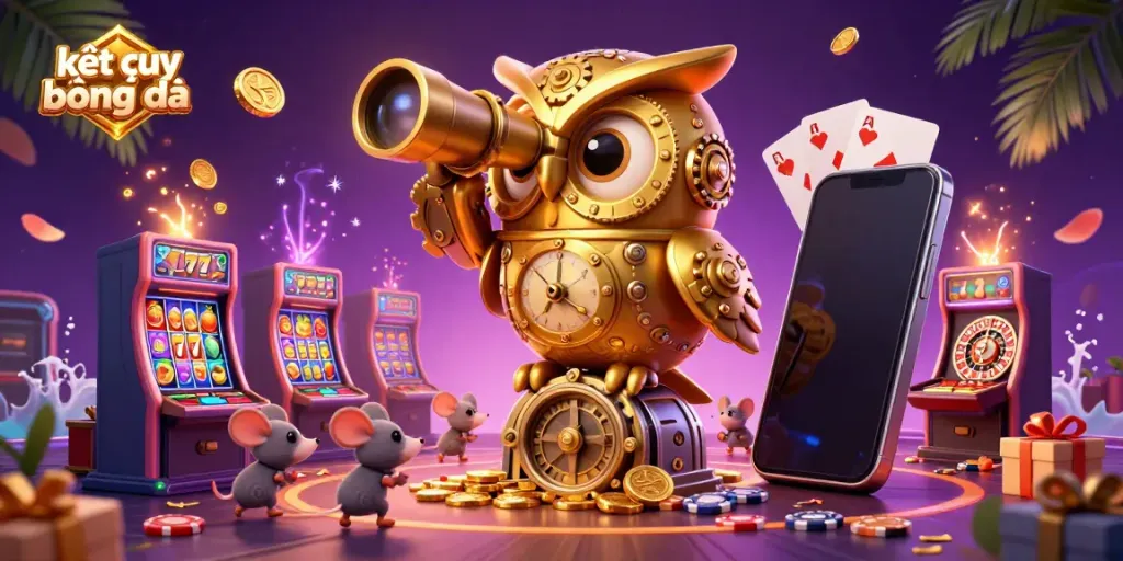 Engaging 3D scene showcasing kết quả bóng đá with a clockwork owl, vibrant slots, and lively casino atmosphere.