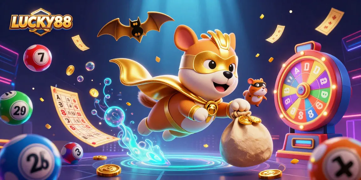 Experience the thrill of LUCKY88 with a flying superhero dog and hamster in a dynamic casino scene.
