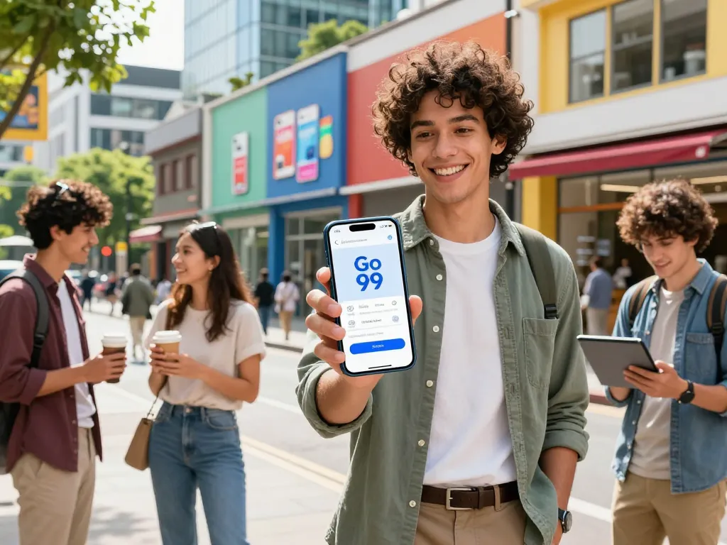 Young professional exploring Go 99 mobile service in a lively urban environment.