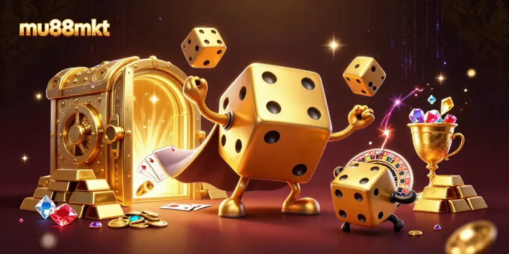 Engage players at mu88mkt with energetic casino-themed 3D characters and vibrant gold elements.