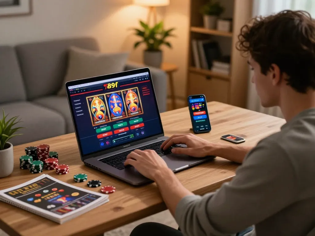 Player engaged in online gaming at 789f casino, showing vibrant interface on laptop and strategy guides.