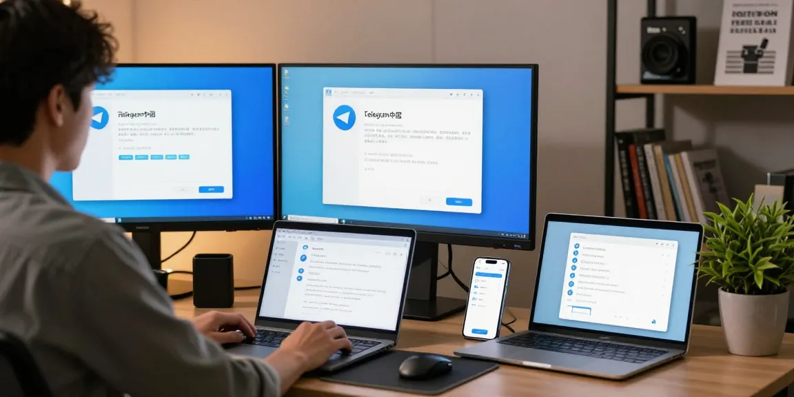 Setting Telegram Chinese language preferences in a modern workspace with tech gear and vibrant decor.