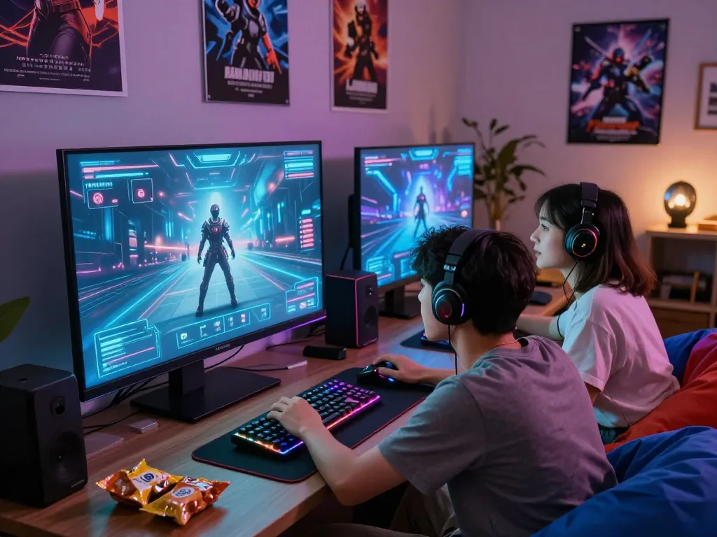 Engaging moment of gamers playing mind control porn-themed game in immersive setup with RGB lighting.