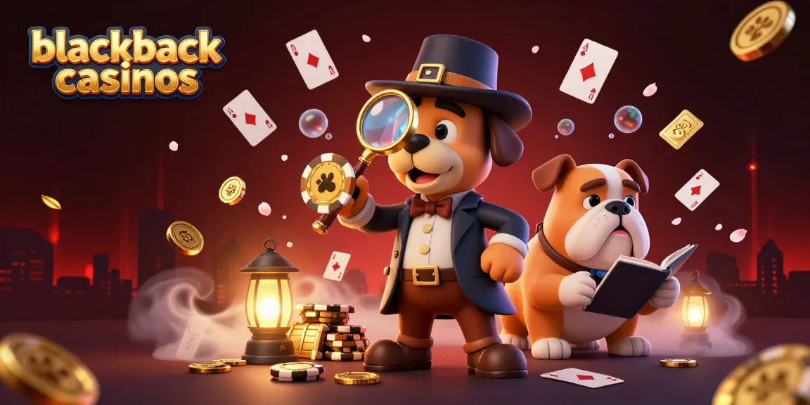 Experience thrilling blackjack casinos with a detective and bulldog exploring poker chips and cards.