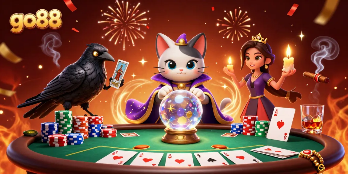 Win big with go88 at a vibrant casino scene featuring a fortune teller cat and poker elements.