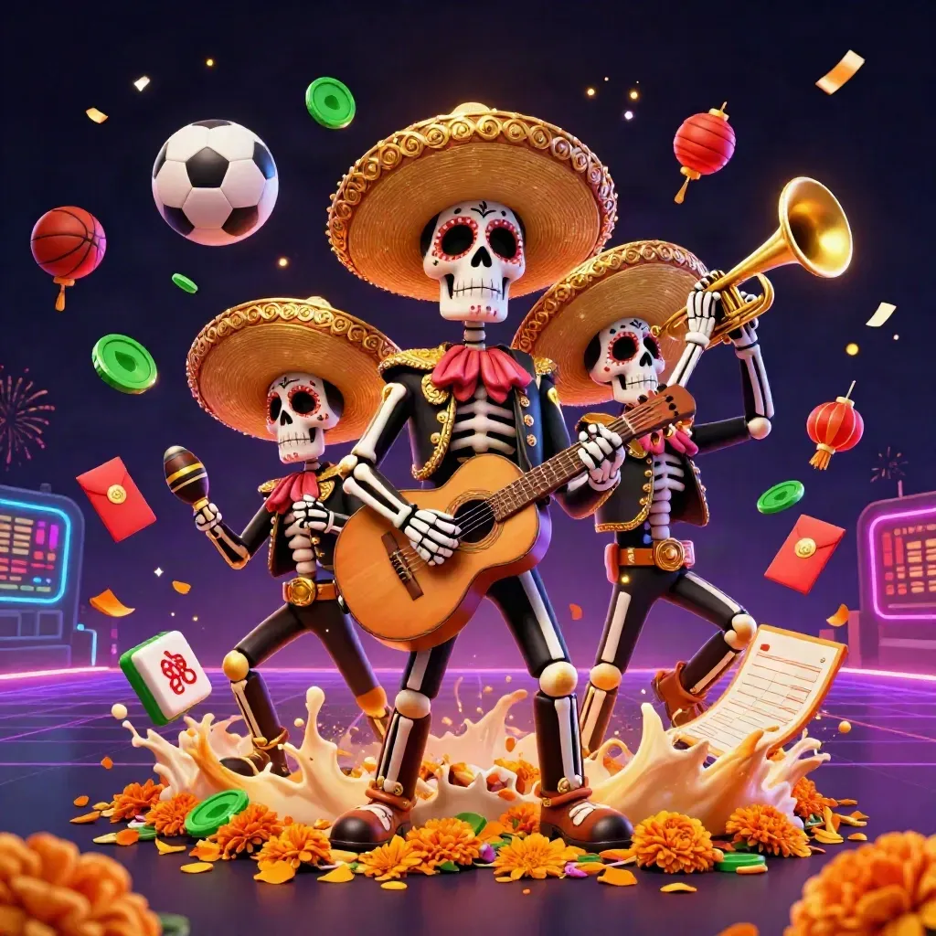 Trio mariachi scheletro tra pallone, basket e simboli fortunati, luce neon dorata