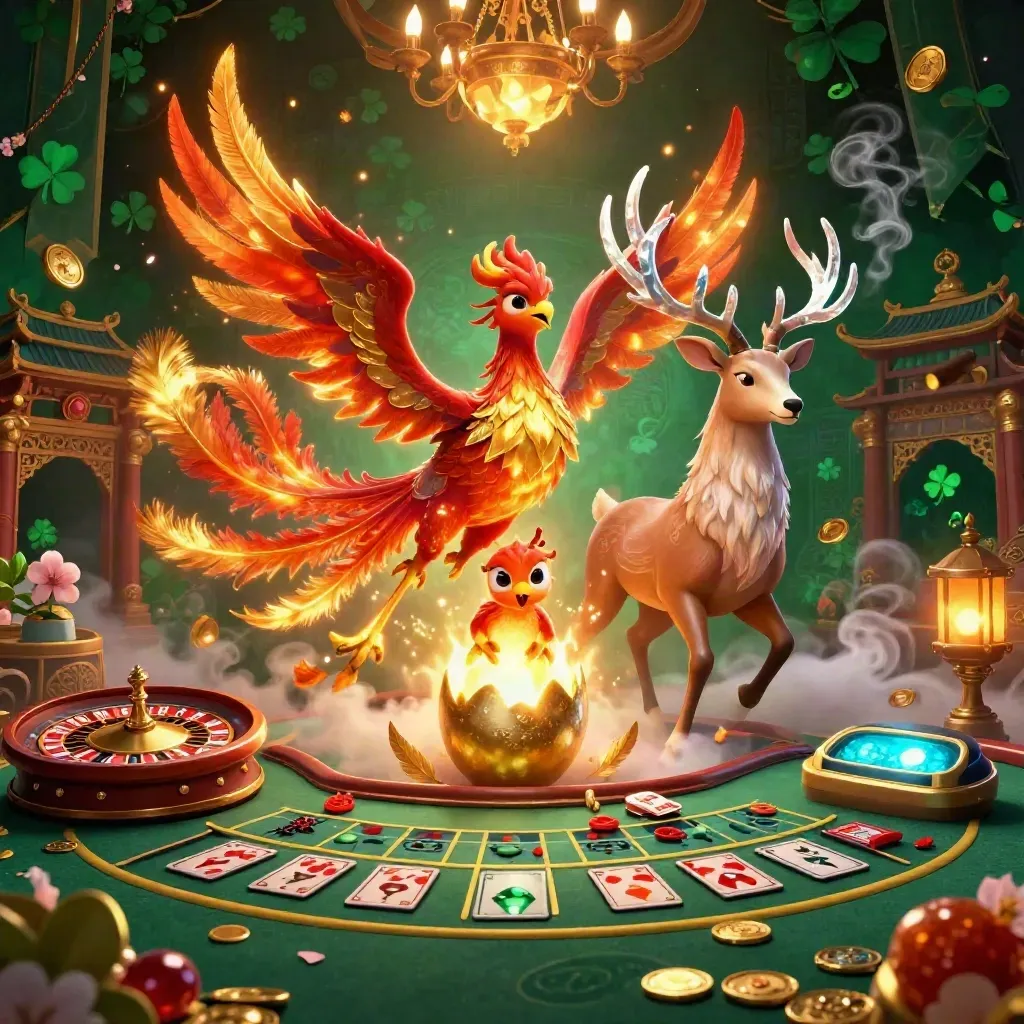 Fenice, cerbiatto magico e uovo d’oro in un salone casino verde e oro