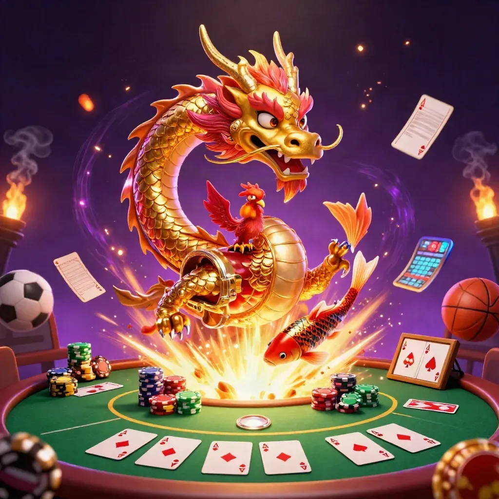 Drago d’oro con forziere, fenice rossa, koi e simboli da poker in luce da casino