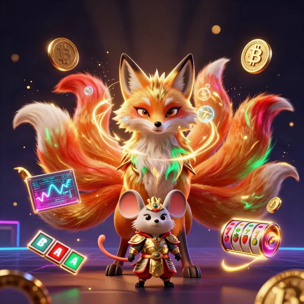 Volpe spiritata a nove code con topo samurai, monete crypto e slot neon in stile casino lusso