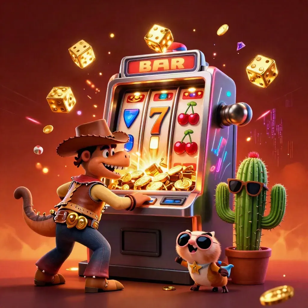 T-Rex cowboy, cactus e roadrunner tra slot esplosivo, monete, gemme e bagliori oro.