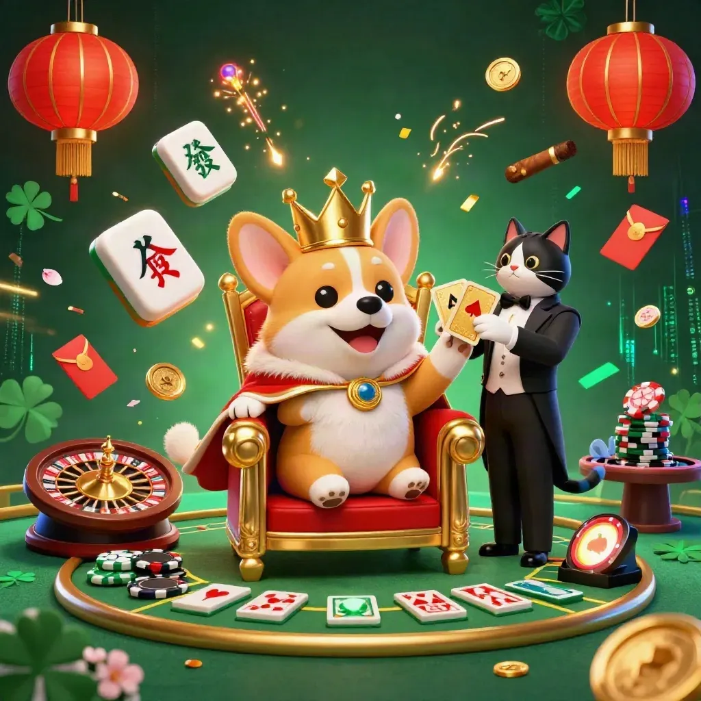 Corghi re e gatto maggiordomo in un casinò lussuoso con lanterne, monete e scintille neon.