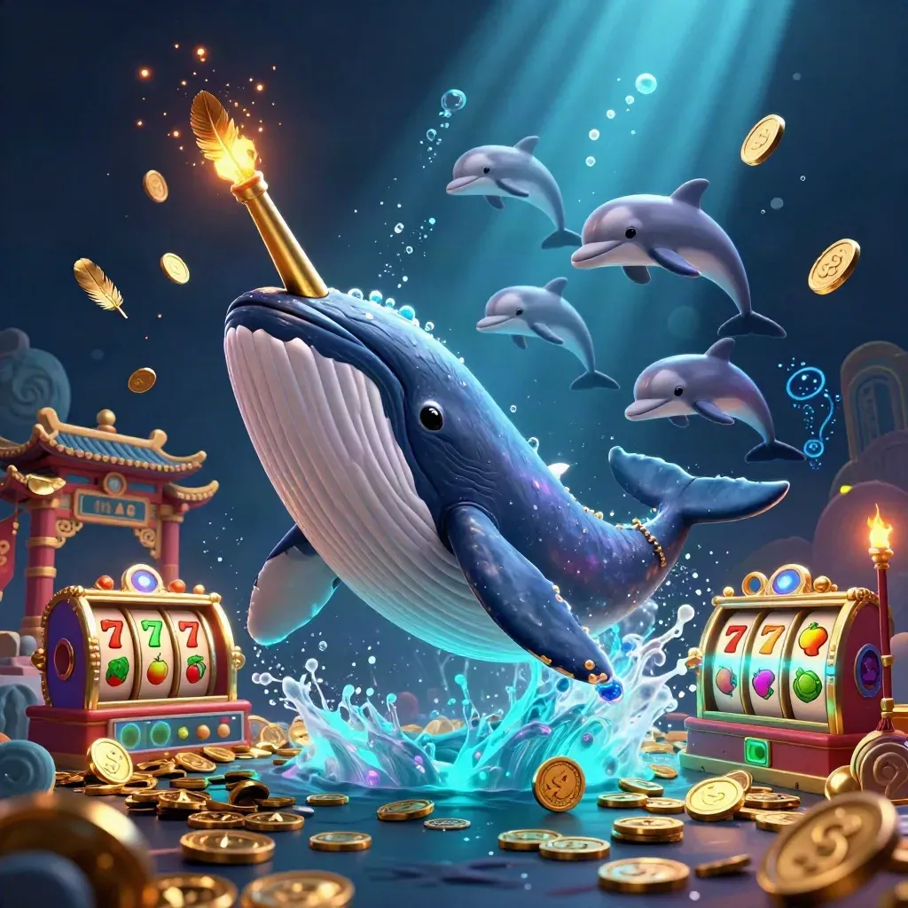 Balena capitano e narvalo tra monete, bagliori blu e tesori in stile casino di lusso.