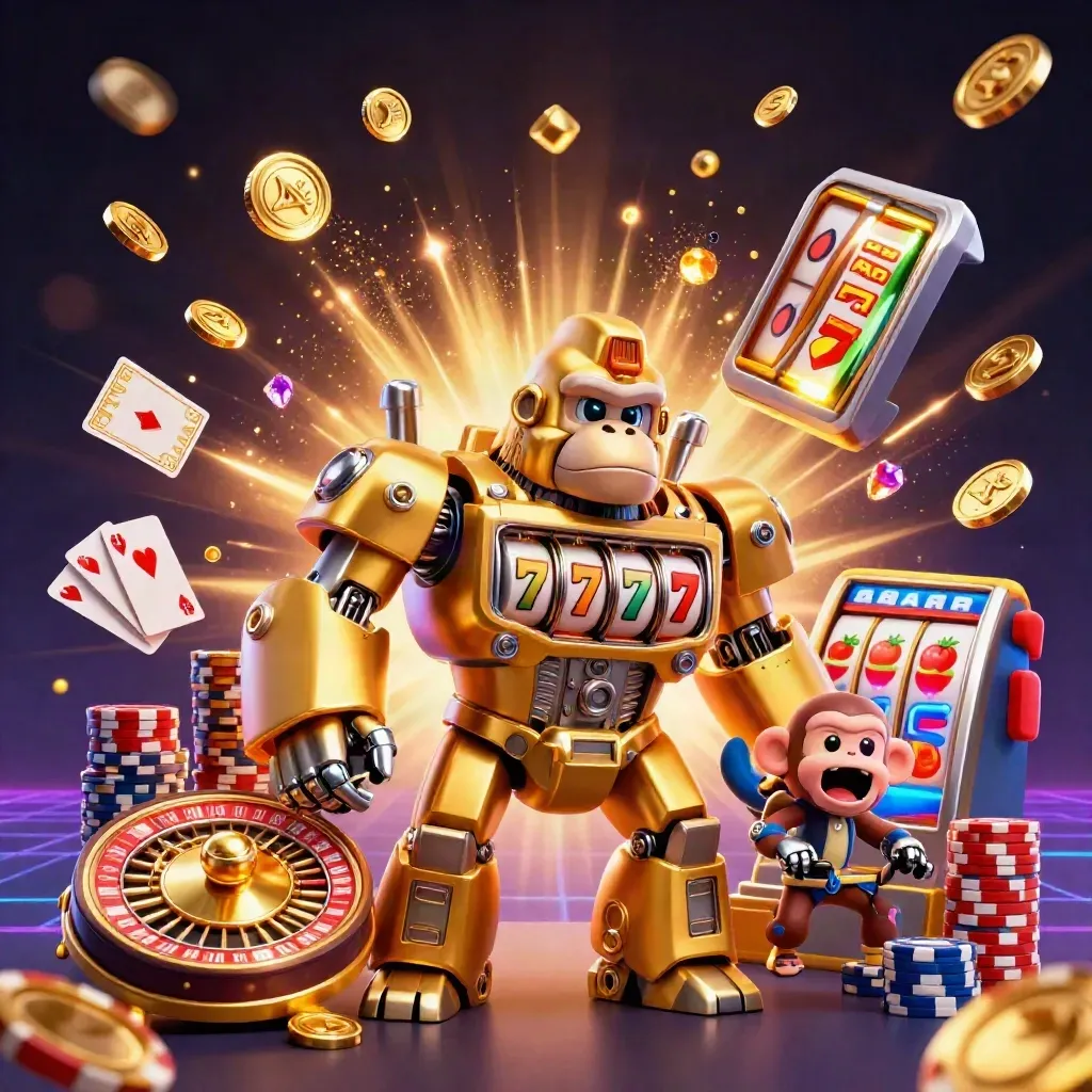 Gorilla mech dorato con scimmietta, monete, fiches e ruota roulette in scena neon.