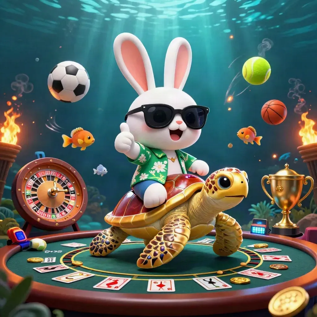 Coniglio cartoon su tartaruga d’oro tra fiches, carte, roulette e luci subacquee.