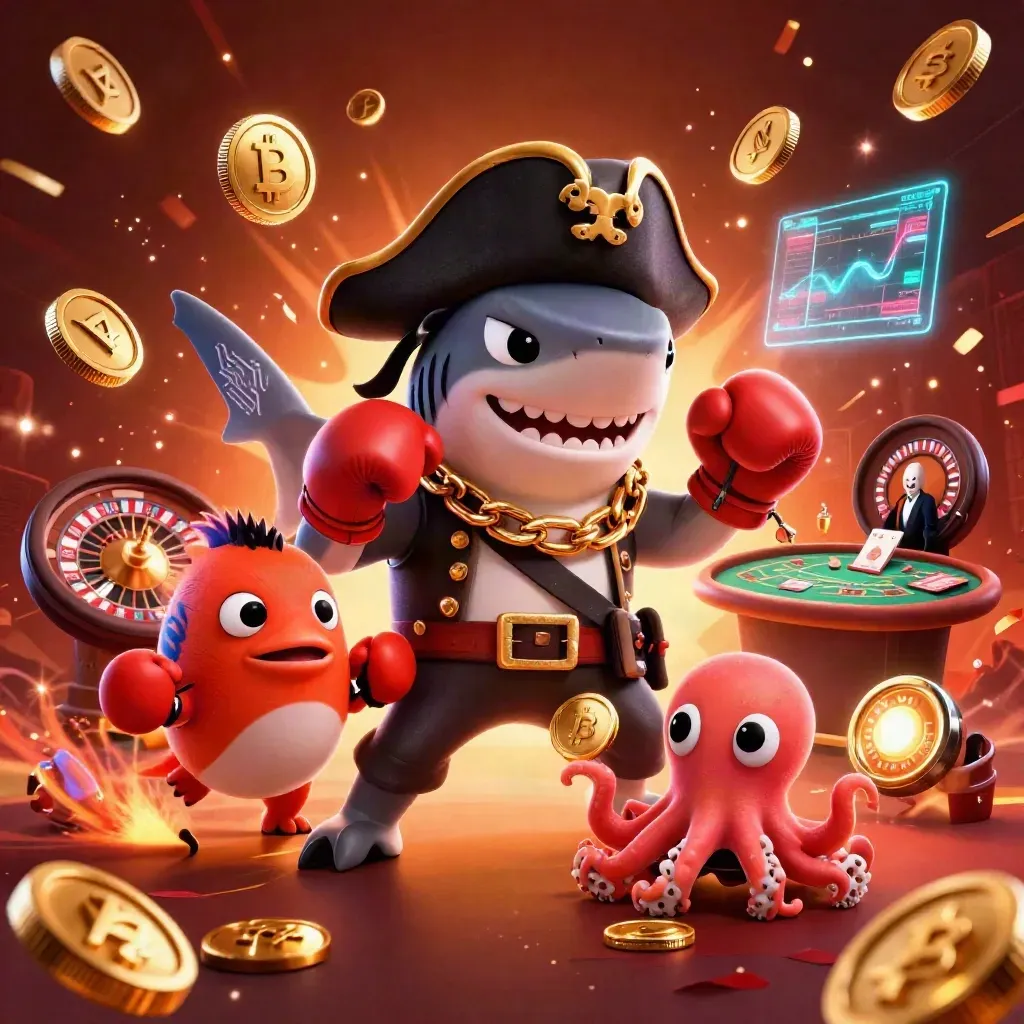 Squalo pirata, pesce palla e polpo tra monete d’oro, roulette e scintille nel rosso di lusso