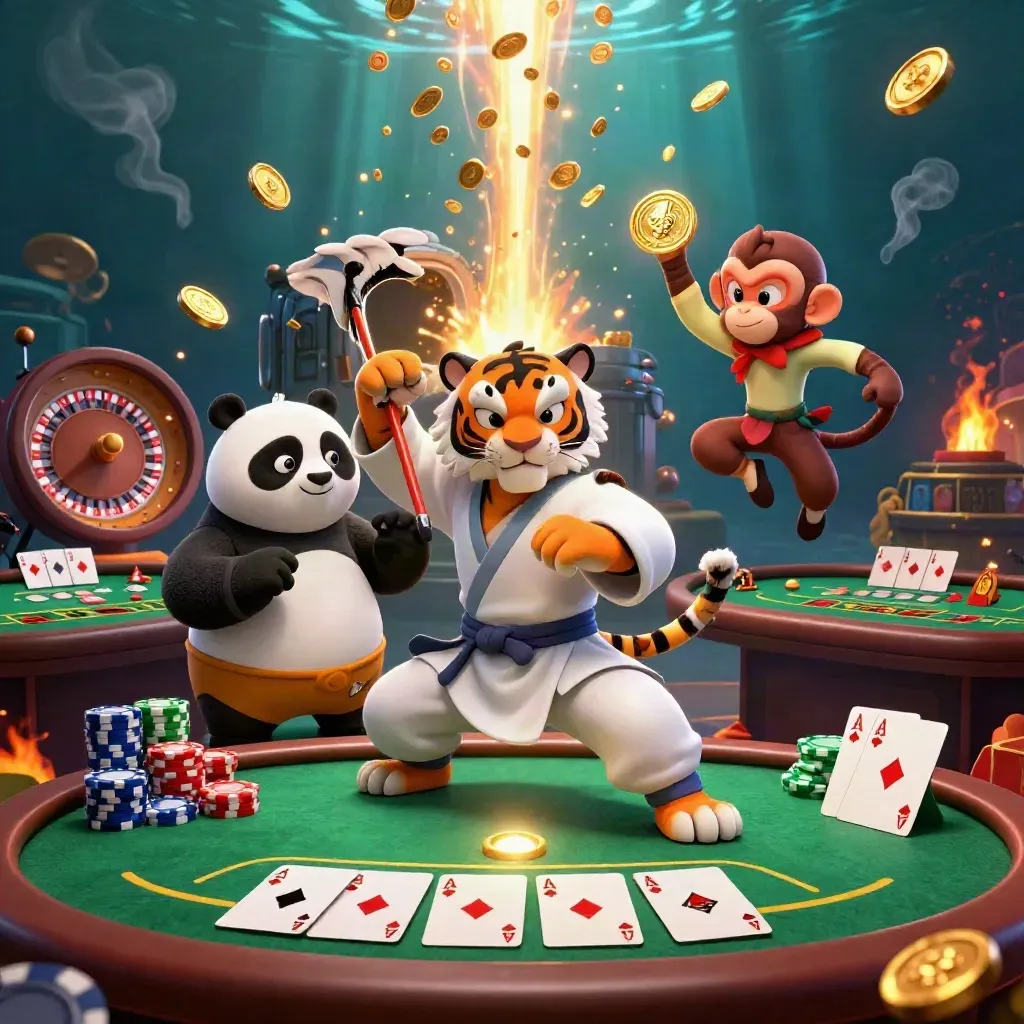 Tigre, panda e scimmia tra fiches, carte, monete d’oro e un’esplosione di luce.