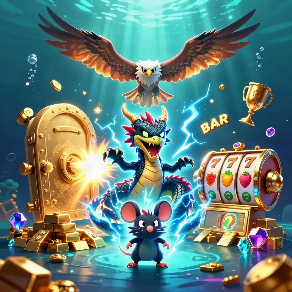 Drago, falco e topo elettrici tra oro e tesori in un fondale blu, stile casino premium.