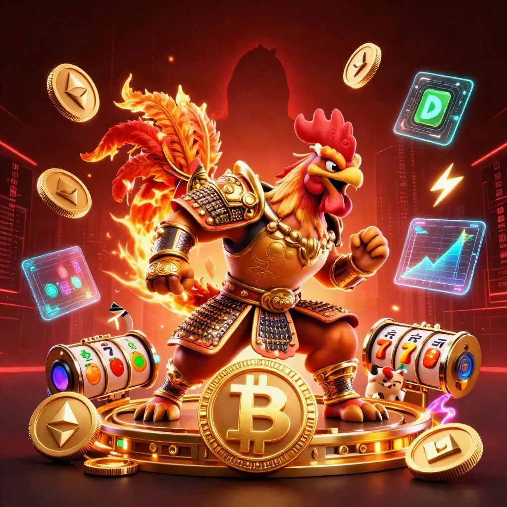 Gallo samurai 3D con draghetto e gatto fortunato tra monete crypto e slot neon.
