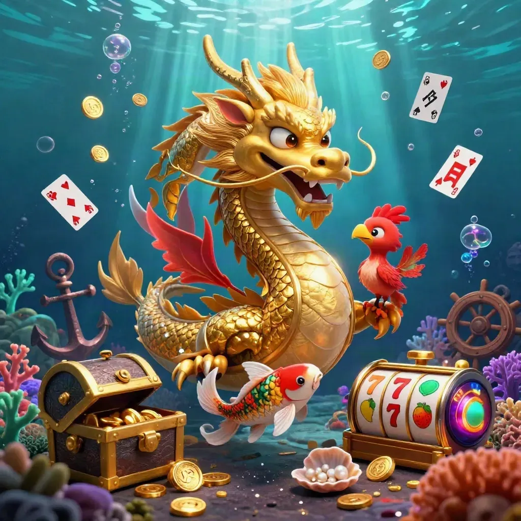 Drago dorato con fenice rossa e carpa koi, tesoro subacqueo e luci casino premium