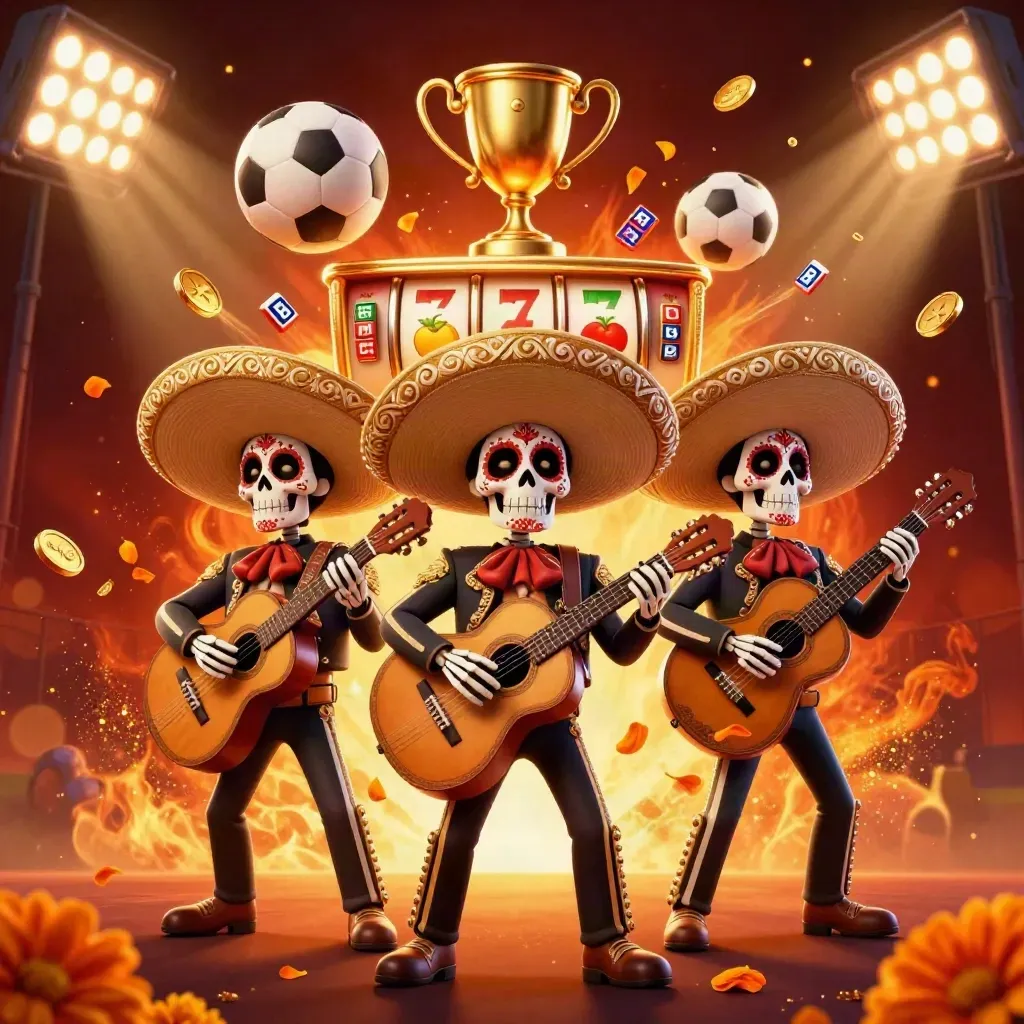 Trio di scheletri mariachi tra monete, trofeo e simboli slot su fondo rosso scuro.