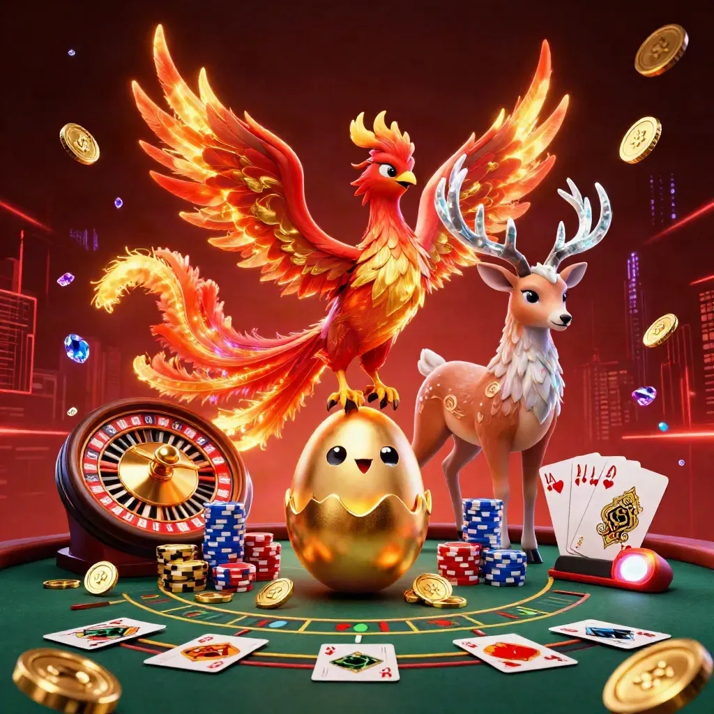 Fenice d’oro e rosso con cervo cristallino, uovo e gettoni in luce neon
