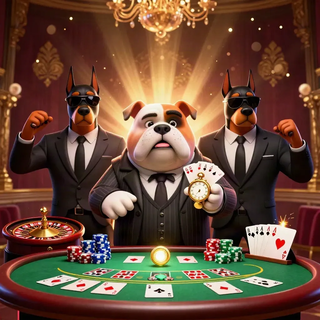 Bulldog mafioso con due dobermann, fiches, carte e roulette su sfondo lussuoso dorato.