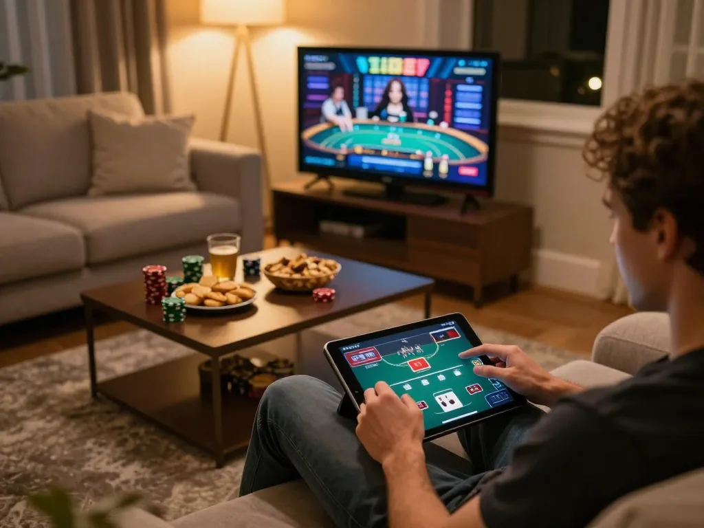 Engaging online poker game scene on kuwin 2, player immersed in strategy with cozy ambiance.