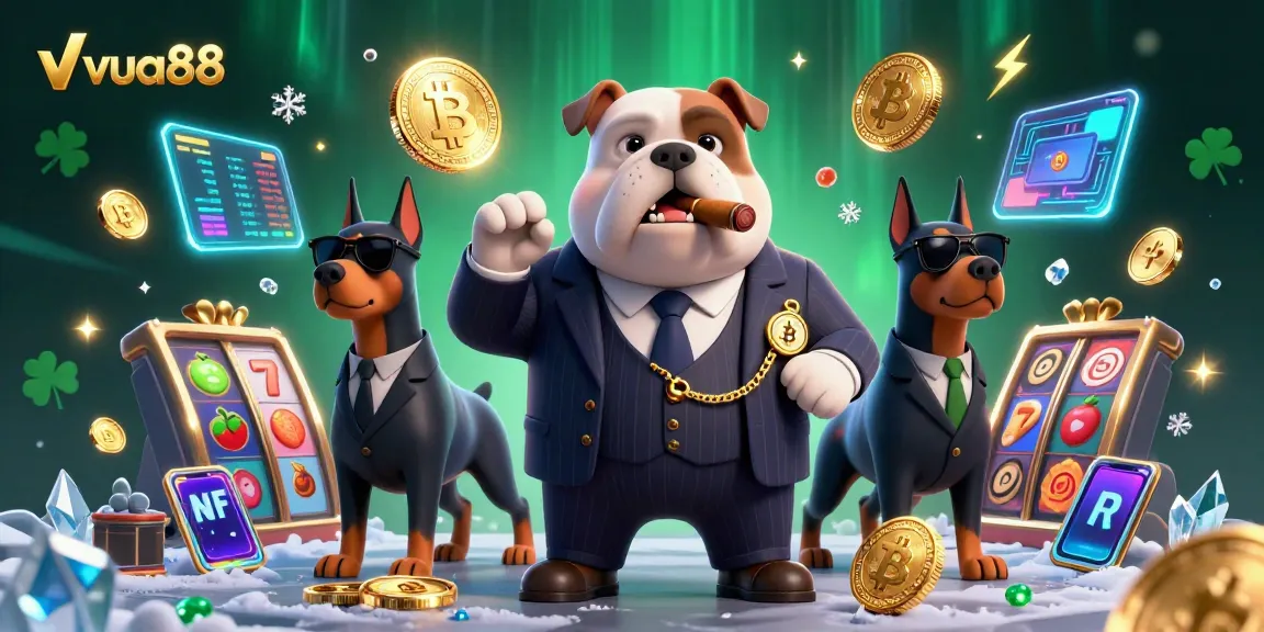 Vua88 captures the excitement of a 3D mafia boss bulldog and bodyguard Dobermans in a vibrant casino scene.