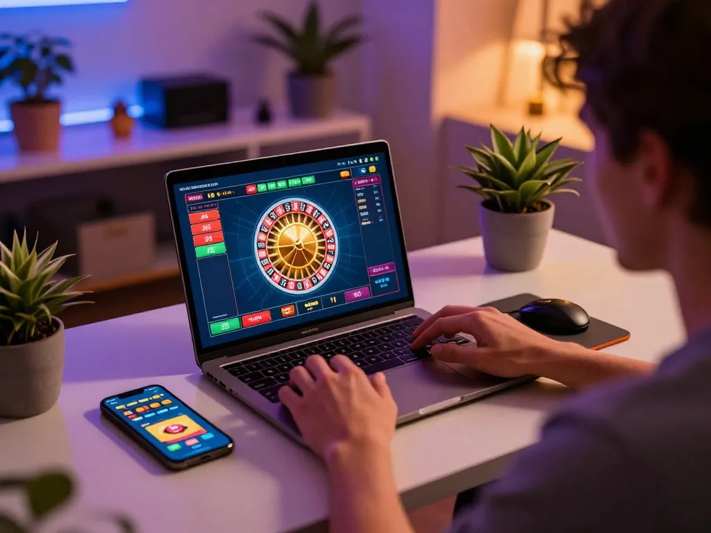 Engaging in online casino gaming at mm88, showcasing an eager player using a laptop and smartphone for betting