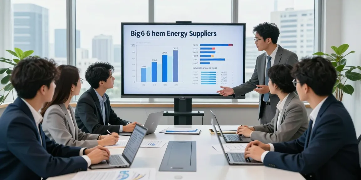 Team discussing the big 6 energy suppliers in a modern conference room, analyzing pricing data and statistics.