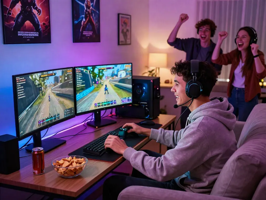 Engaging gaming scene at home featuring a passionate player enjoying https://rokok88.it.com, colorful LED lights, and friends.