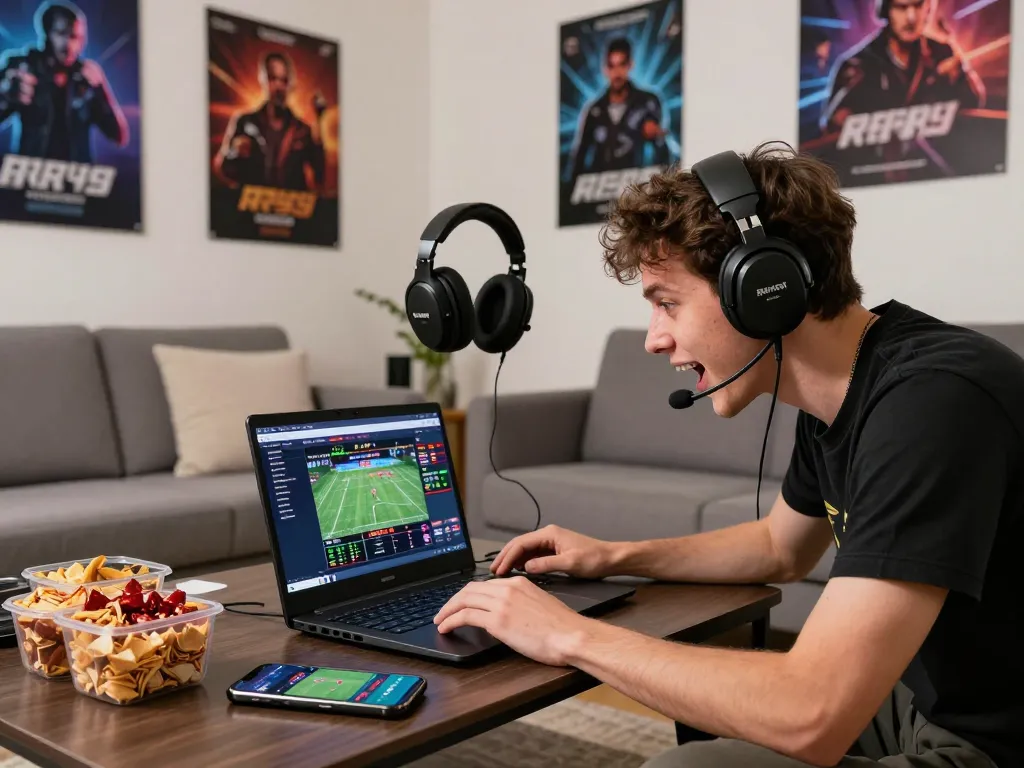 Exciting online betting experience at RR99 with a young man engaging on https://ledaonline.in.net/ in a lively gaming setup.