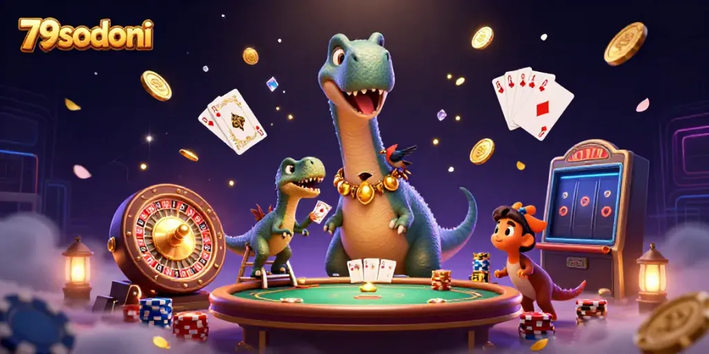 Engaging 79sodoni casino scene featuring a giant brontosaurus and raptor dealing cards.