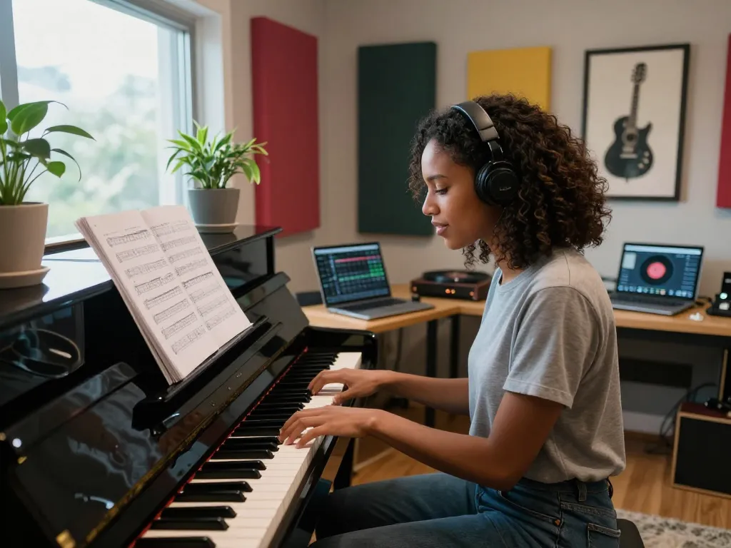 A musician playing the go 88 piano in a modern home studio, with colorful decor and natural light.