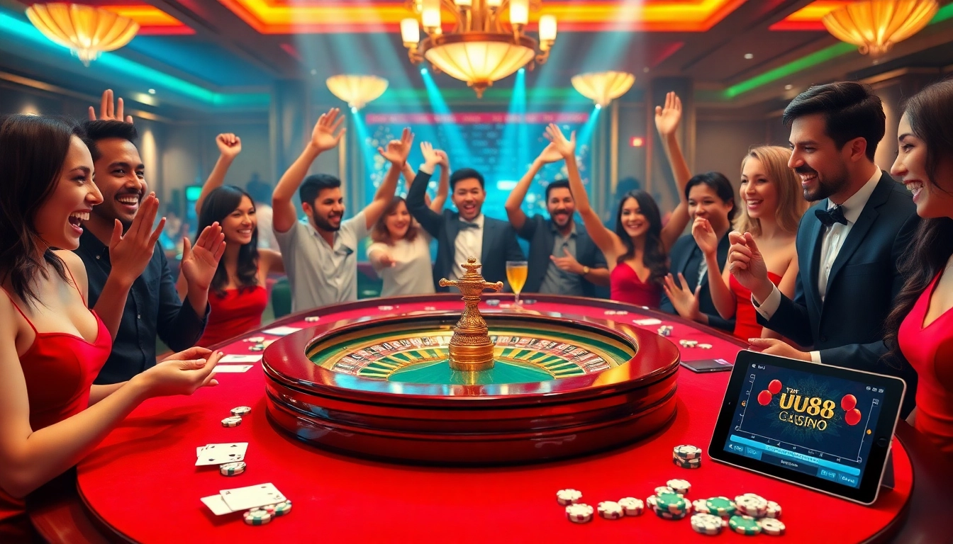 Excited players at a roulette table in a luxurious casino scene linked to uu88.com.