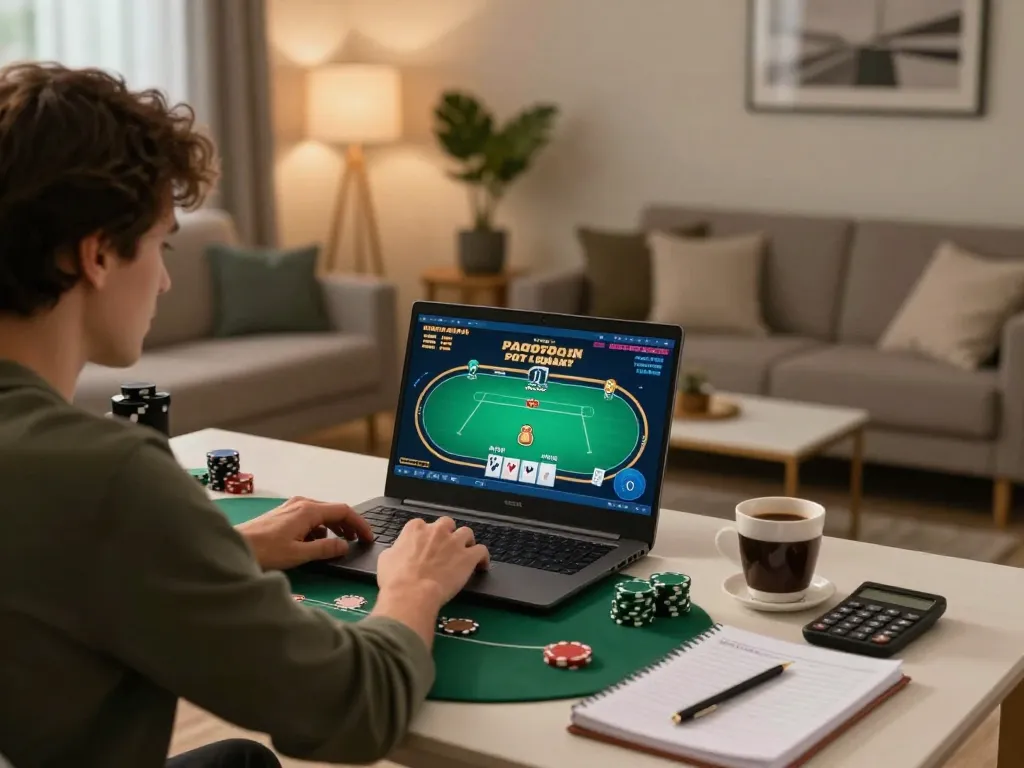 Engaging in a strategic poker session on F8BET's online platform at home, showcasing the thrill of online gambling.