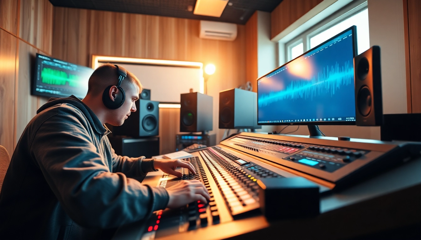 Sound engineer mastering audio online with modern equipment in a professional studio.