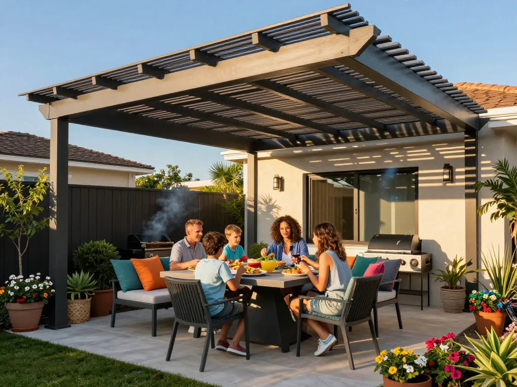 Goditi un'esperienza di pranzo all'aperto soleggiata con un setup configuratore pergole 3D che presenta una pergola con lamelle elegante.