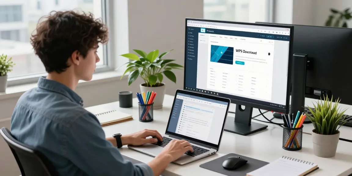 WPS Download displayed on a modern laptop in a bright office workspace, showcasing productivity tools and a tech-savvy atmosphere.