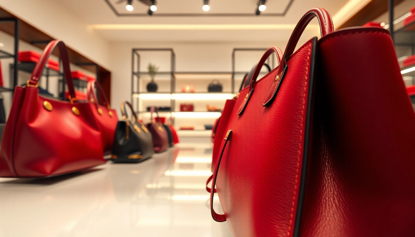 명품 이미테이션으로 장식된 세련된 부티크에 진열된 고급 핸드백들입니다.